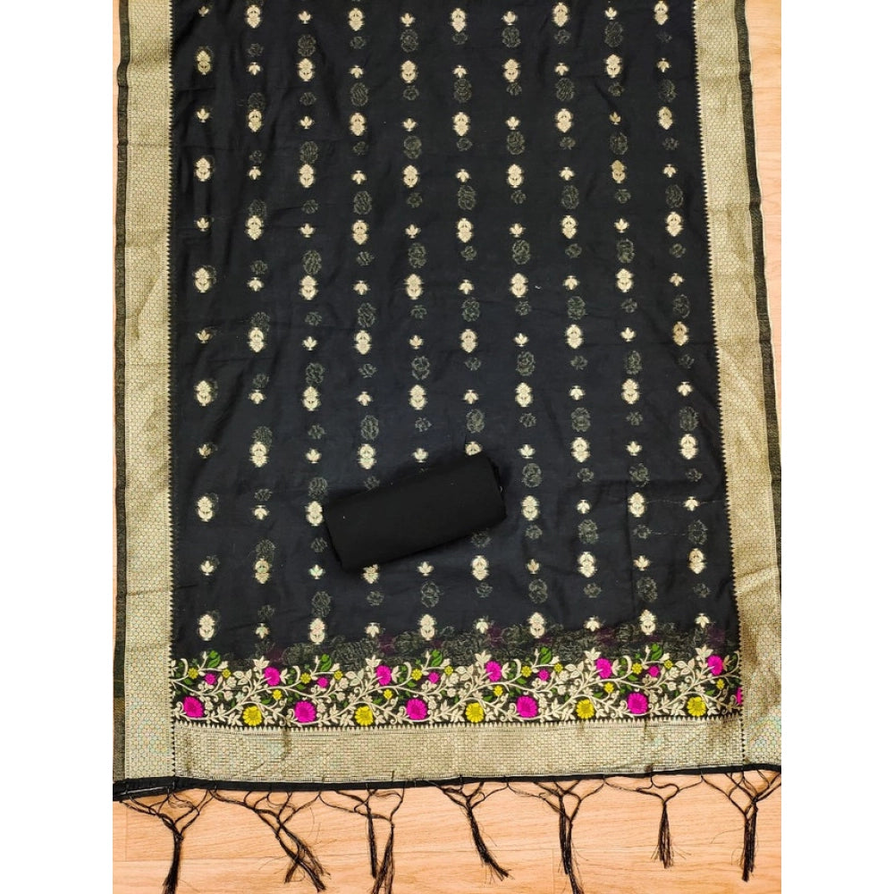 Vaystra Banarasi Silk Printed Unstitched Salwar Suit Material With Dupatta – Black