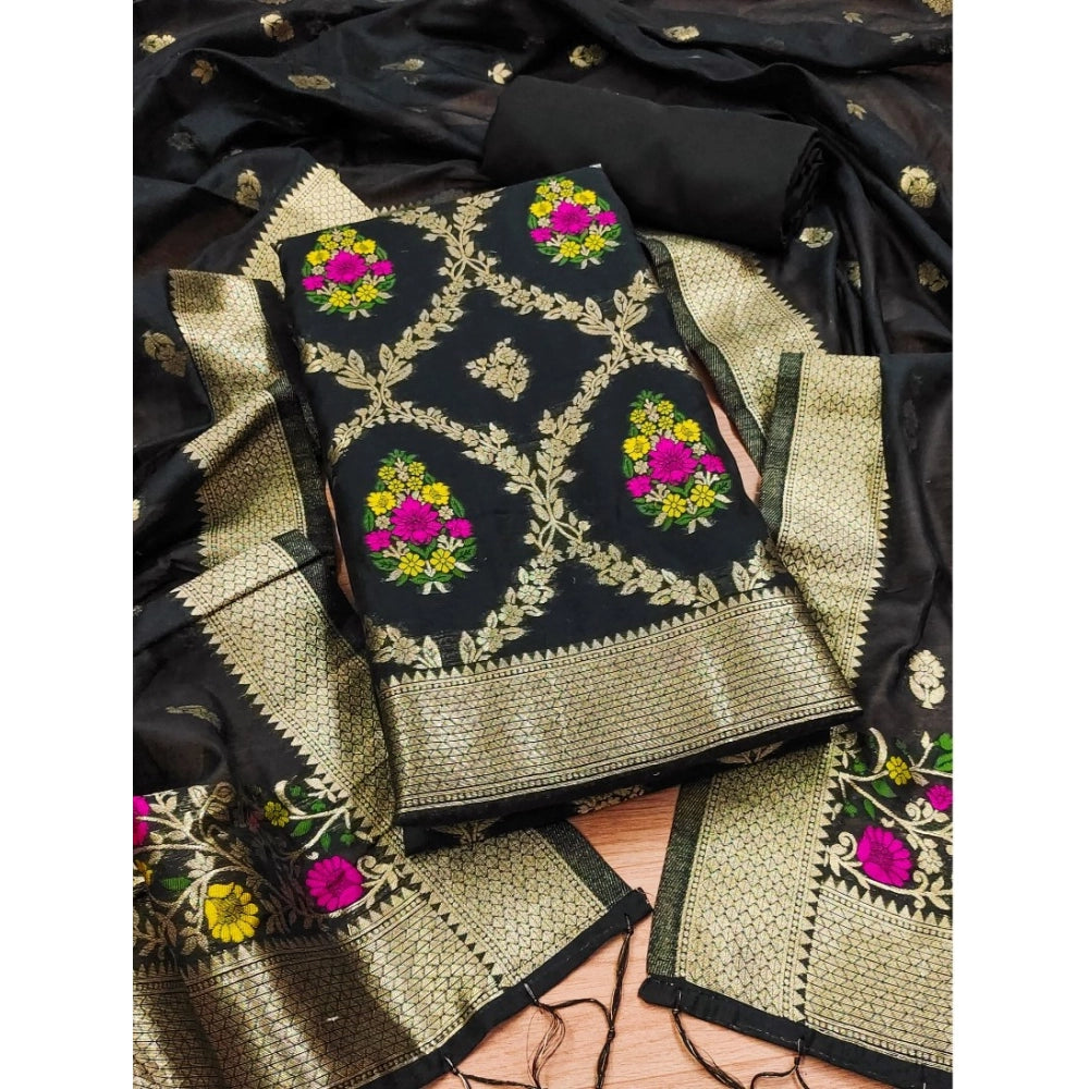 Vaystra Banarasi Silk Printed Unstitched Salwar Suit Material With Dupatta – Black