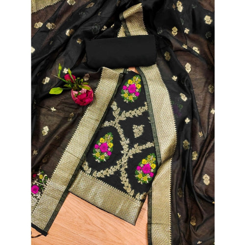 Vaystra Banarasi Silk Printed Unstitched Salwar Suit Material With Dupatta – Black