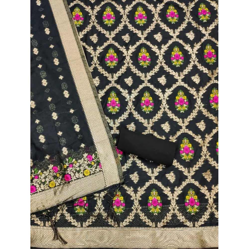 Vaystra Banarasi Silk Printed Unstitched Salwar Suit Material With Dupatta – Black