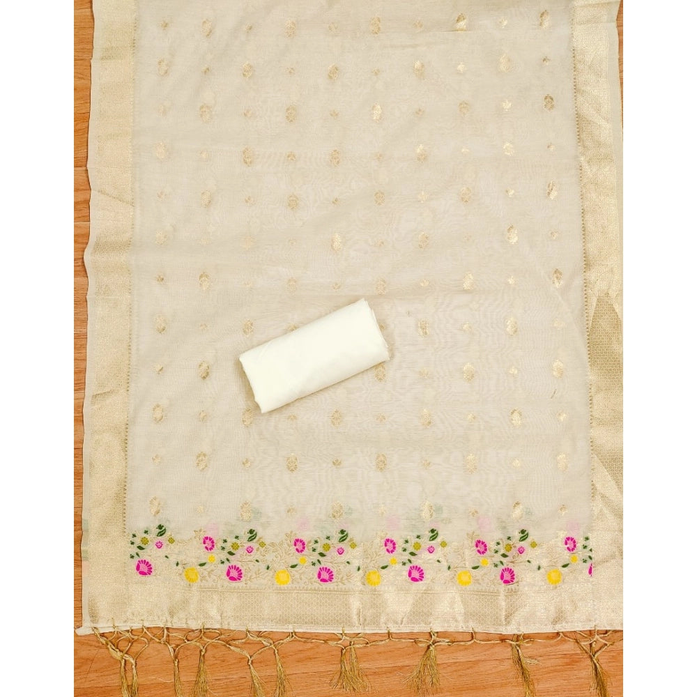 Vaystra Banarasi Silk Printed Unstitched Salwar Suit Material With Dupatta – White