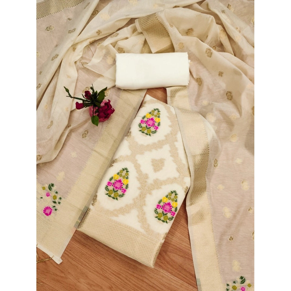 Vaystra Banarasi Silk Printed Unstitched Salwar Suit Material With Dupatta – White