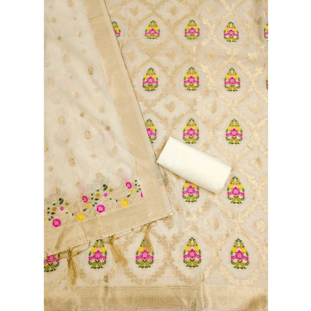 Vaystra Banarasi Silk Printed Unstitched Salwar Suit Material With Dupatta – White