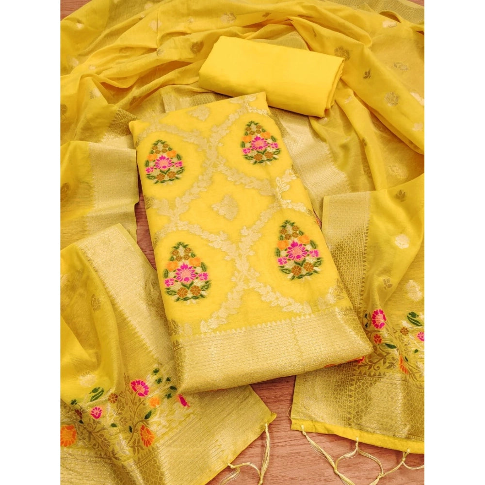 Vaystra Banarasi Silk Printed Unstitched Salwar Suit Material With Dupatta – Yellow
