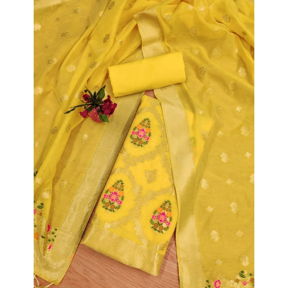 Vaystra Banarasi Silk Printed Unstitched Salwar Suit Material With Dupatta – Yellow