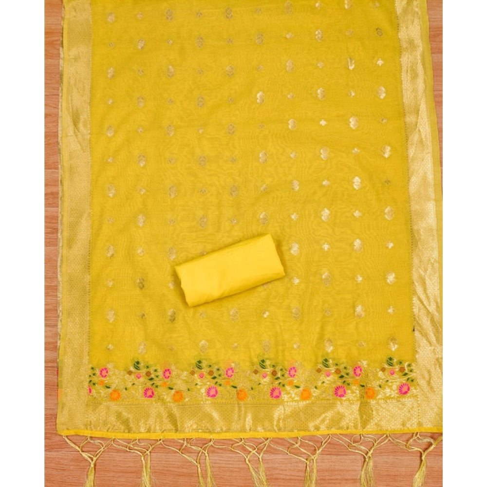 Vaystra Banarasi Silk Printed Unstitched Salwar Suit Material With Dupatta – Yellow