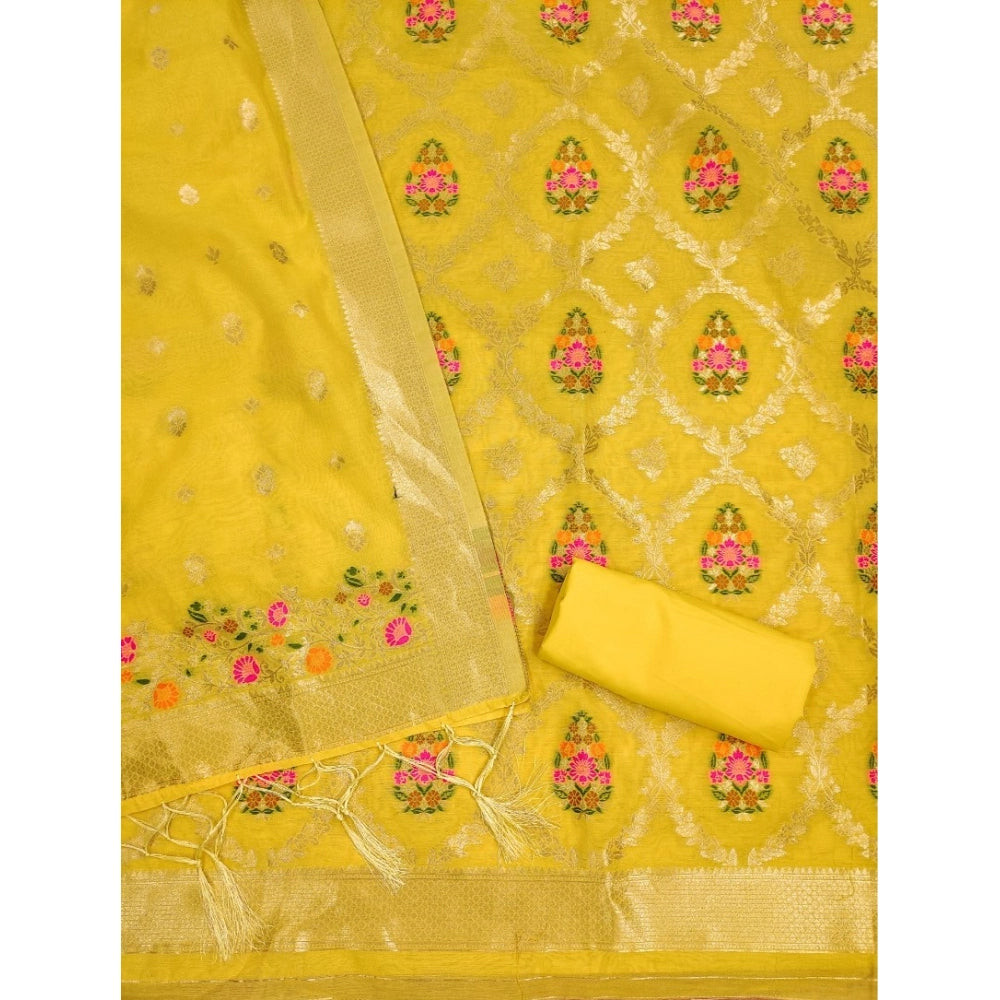 Vaystra Banarasi Silk Printed Unstitched Salwar Suit Material With Dupatta – Yellow
