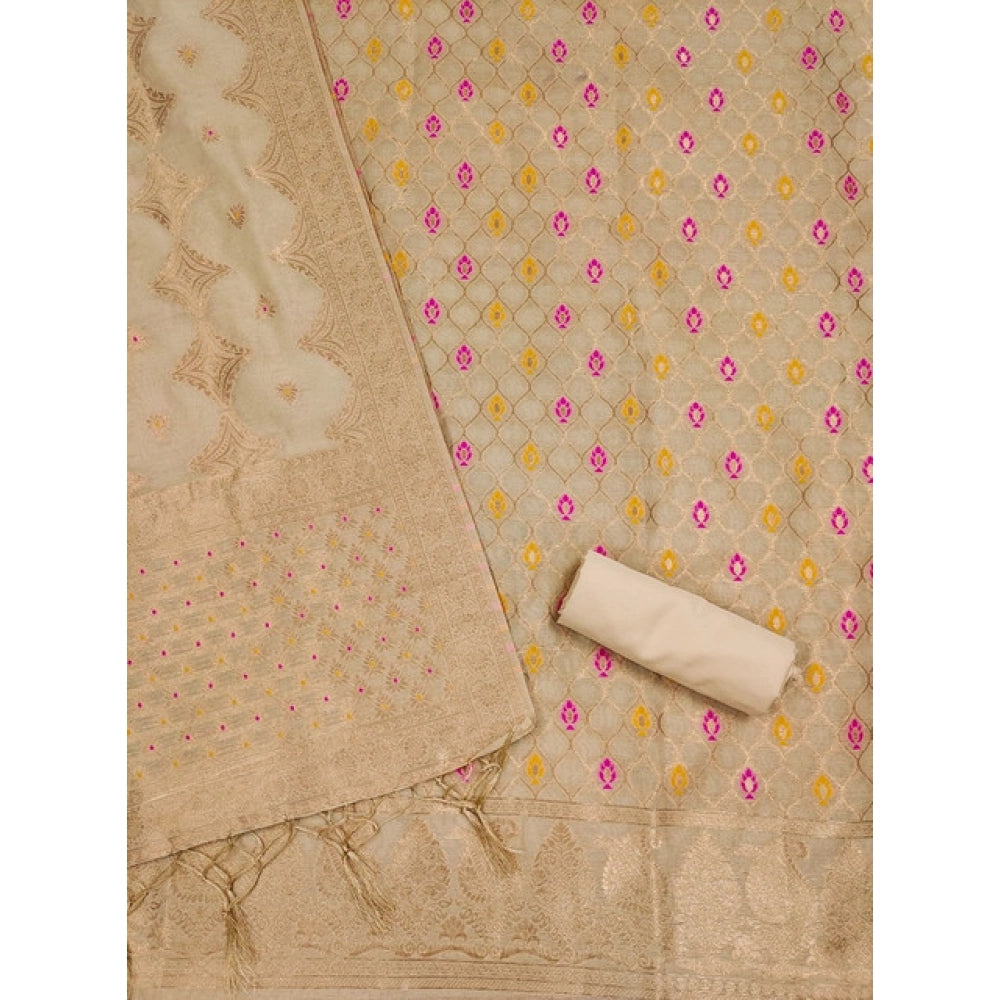 Vaystra Banarasi Silk Printed Unstitched Salwar Suit Material With Dupatta – Cream
