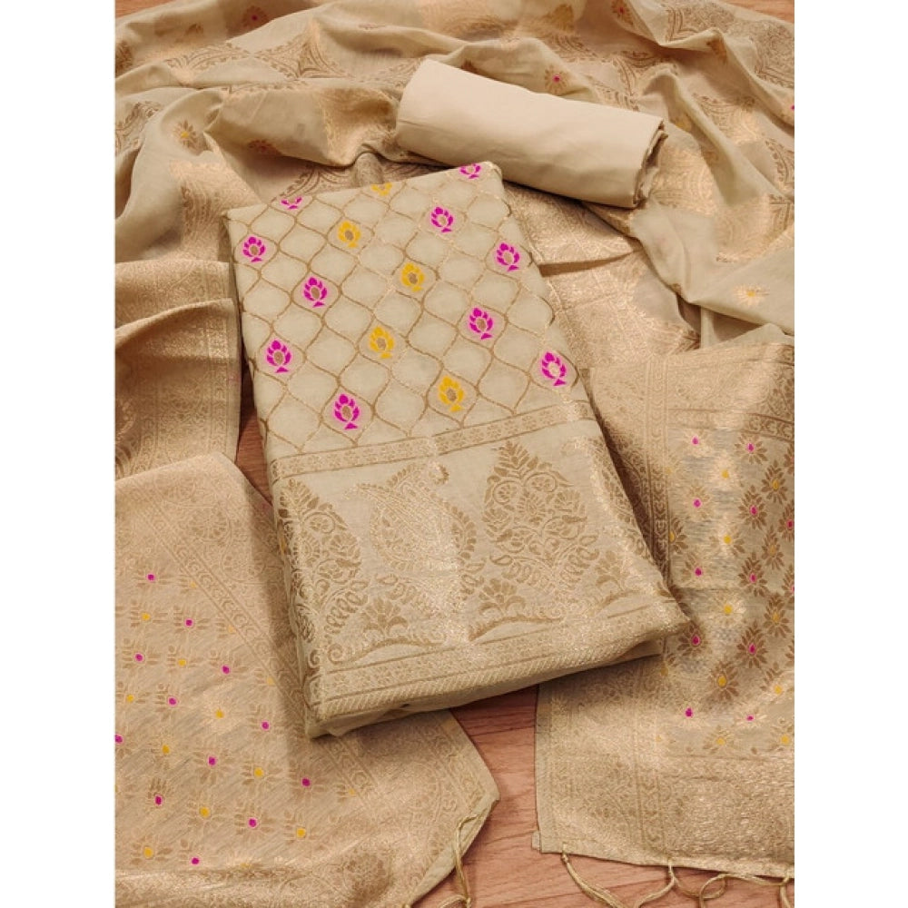 Vaystra Banarasi Silk Printed Unstitched Salwar Suit Material With Dupatta – Cream