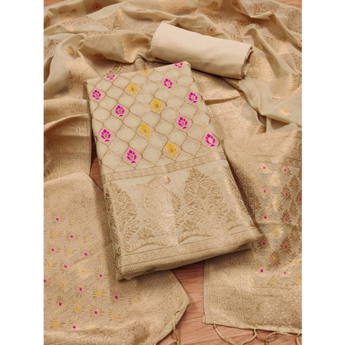 Vaystra Banarasi Silk Printed Unstitched Salwar Suit Material With Dupatta – Cream