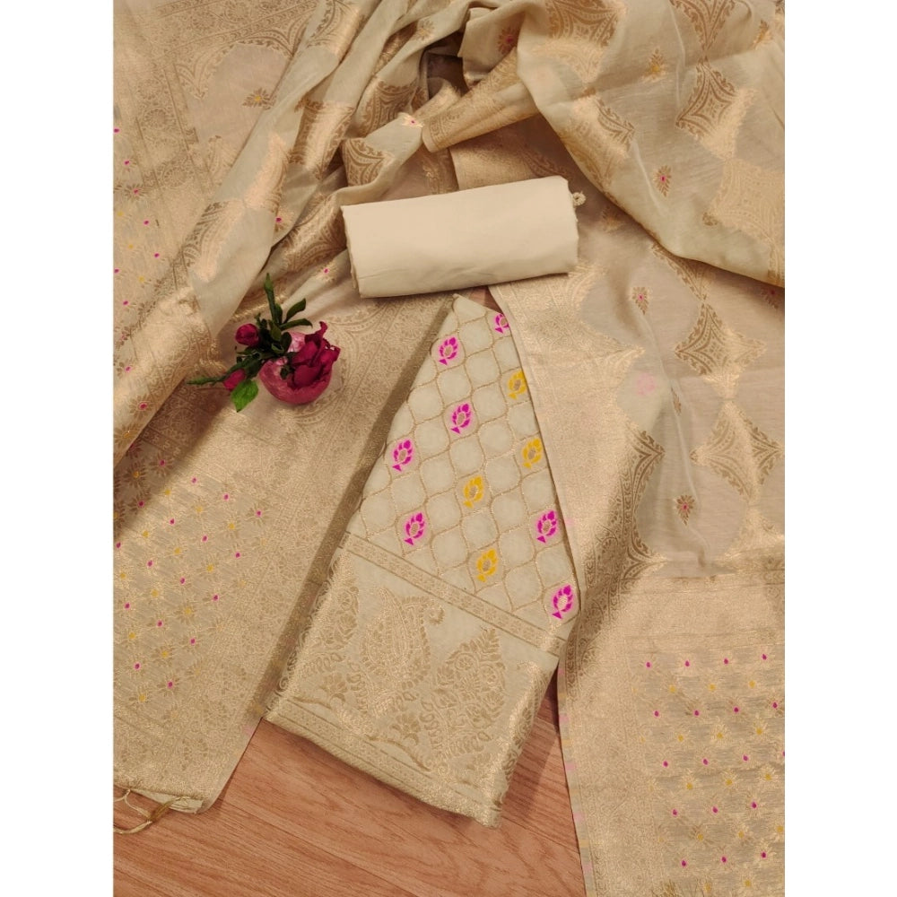 Vaystra Banarasi Silk Printed Unstitched Salwar Suit Material With Dupatta – Cream