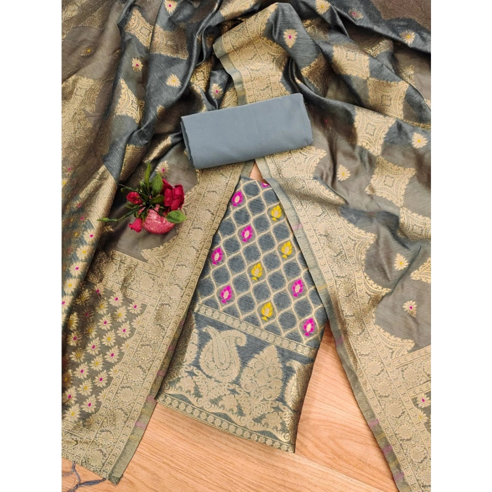 Vaystra Banarasi Silk Printed Unstitched Salwar Suit Material With Dupatta – Grey