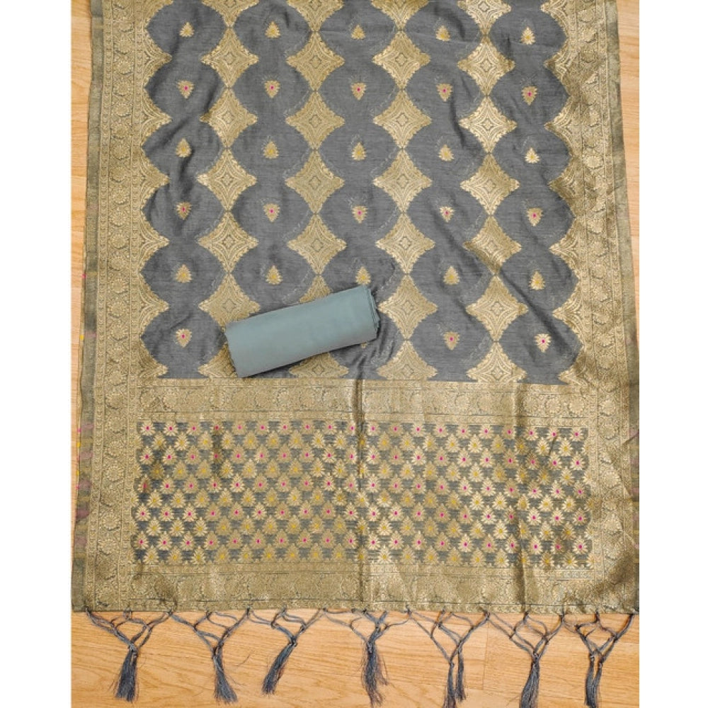 Vaystra Banarasi Silk Printed Unstitched Salwar Suit Material With Dupatta – Grey
