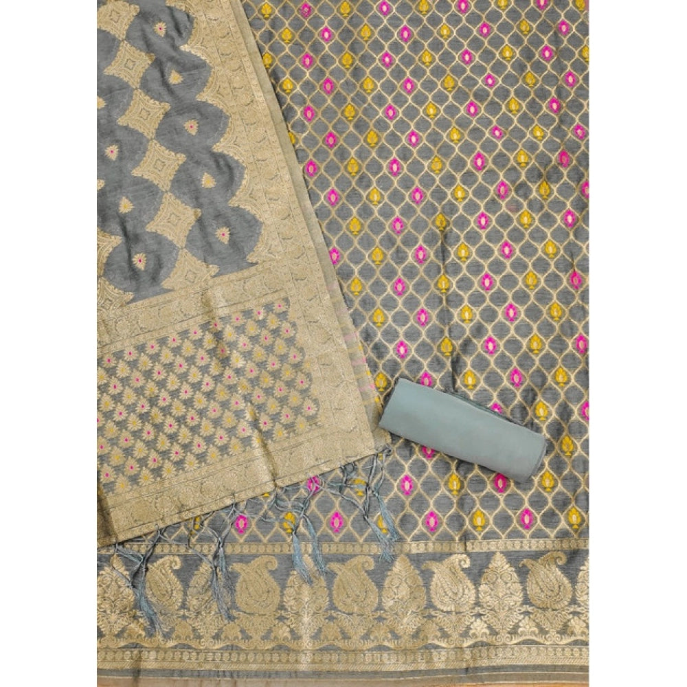 Vaystra Banarasi Silk Printed Unstitched Salwar Suit Material With Dupatta – Grey