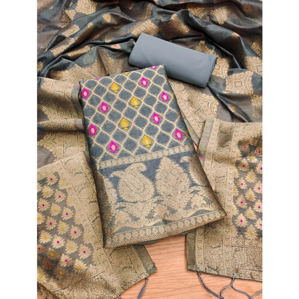 Vaystra Banarasi Silk Printed Unstitched Salwar Suit Material With Dupatta – Grey