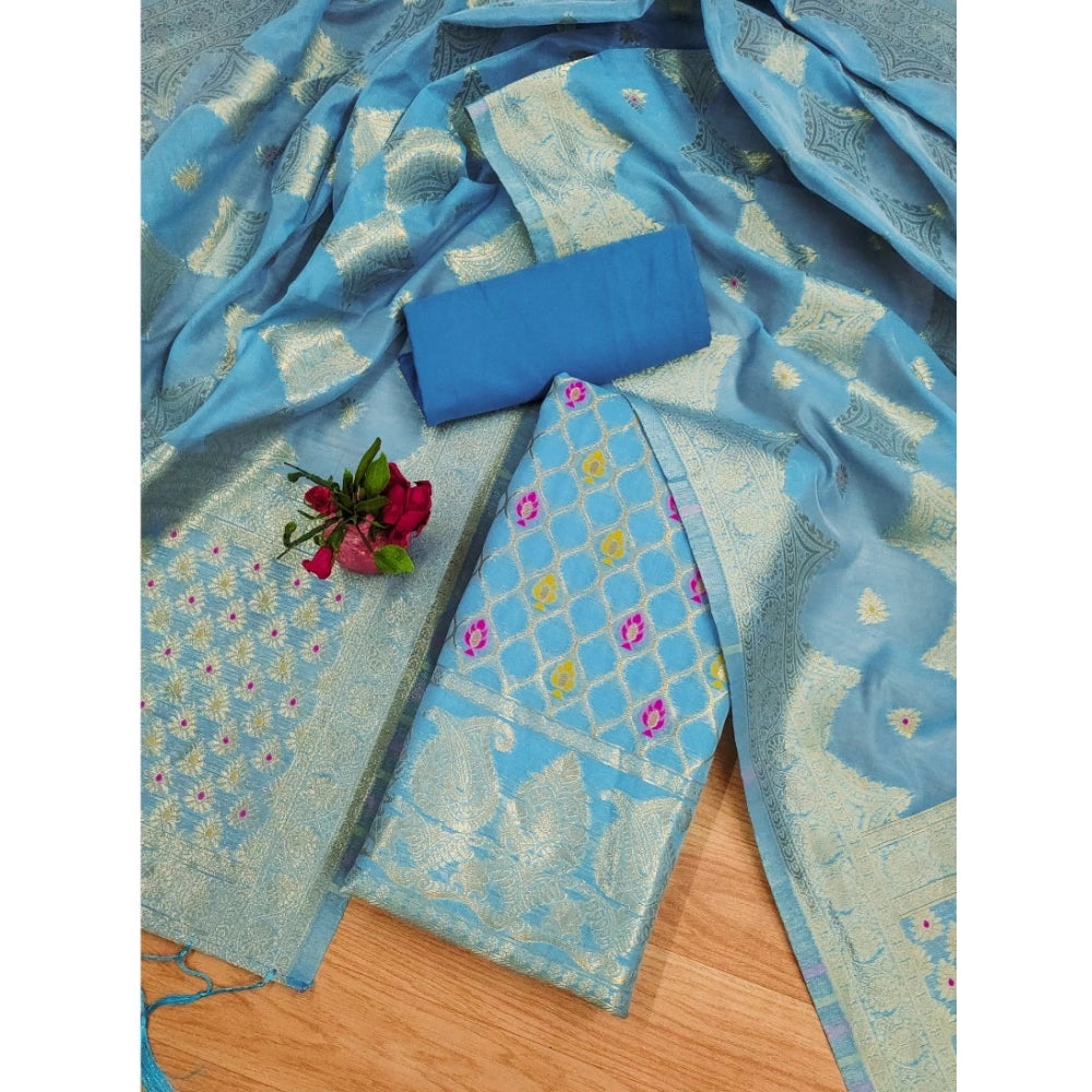 Vaystra Banarasi Silk Printed Unstitched Salwar Suit Material With Dupatta – Sky Blue