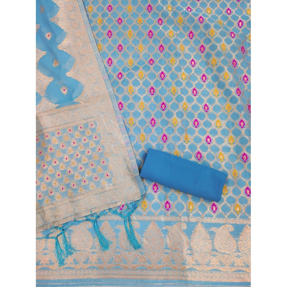 Vaystra Banarasi Silk Printed Unstitched Salwar Suit Material With Dupatta – Sky Blue