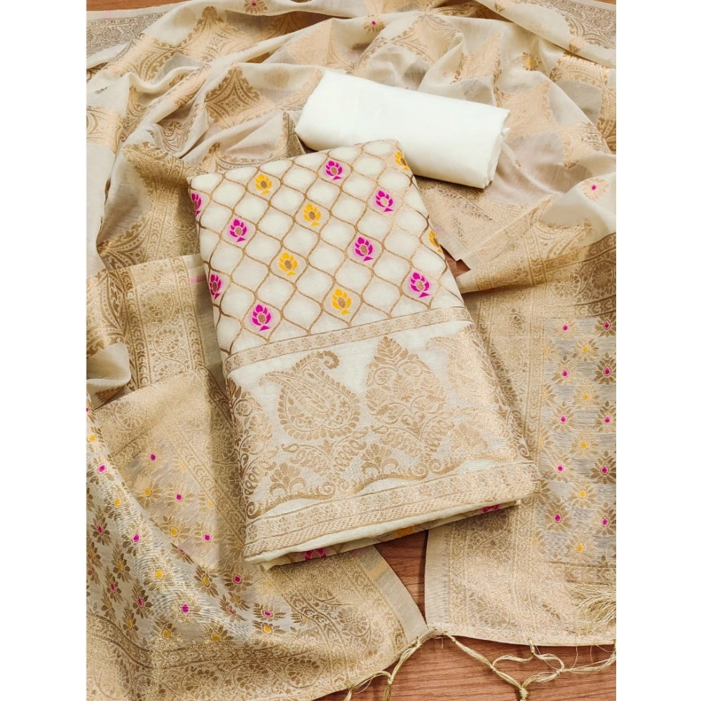 Vaystra Banarasi Silk Printed Unstitched Salwar Suit Material With Dupatta – White