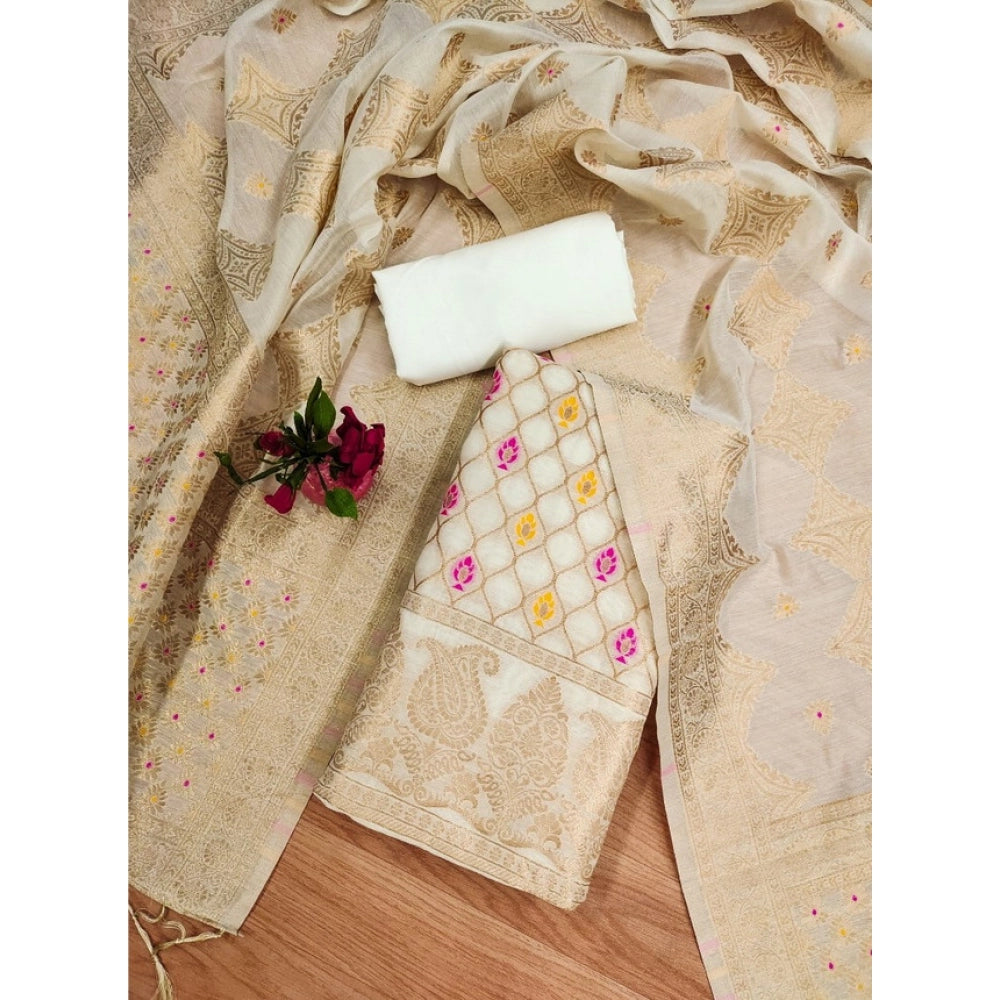 Vaystra Banarasi Silk Printed Unstitched Salwar Suit Material With Dupatta – White