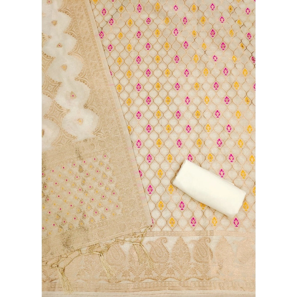 Vaystra Banarasi Silk Printed Unstitched Salwar Suit Material With Dupatta – White