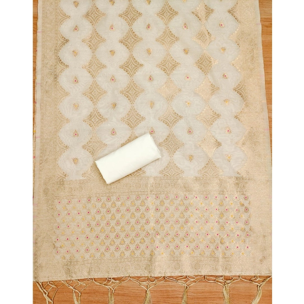 Vaystra Banarasi Silk Printed Unstitched Salwar Suit Material With Dupatta – White