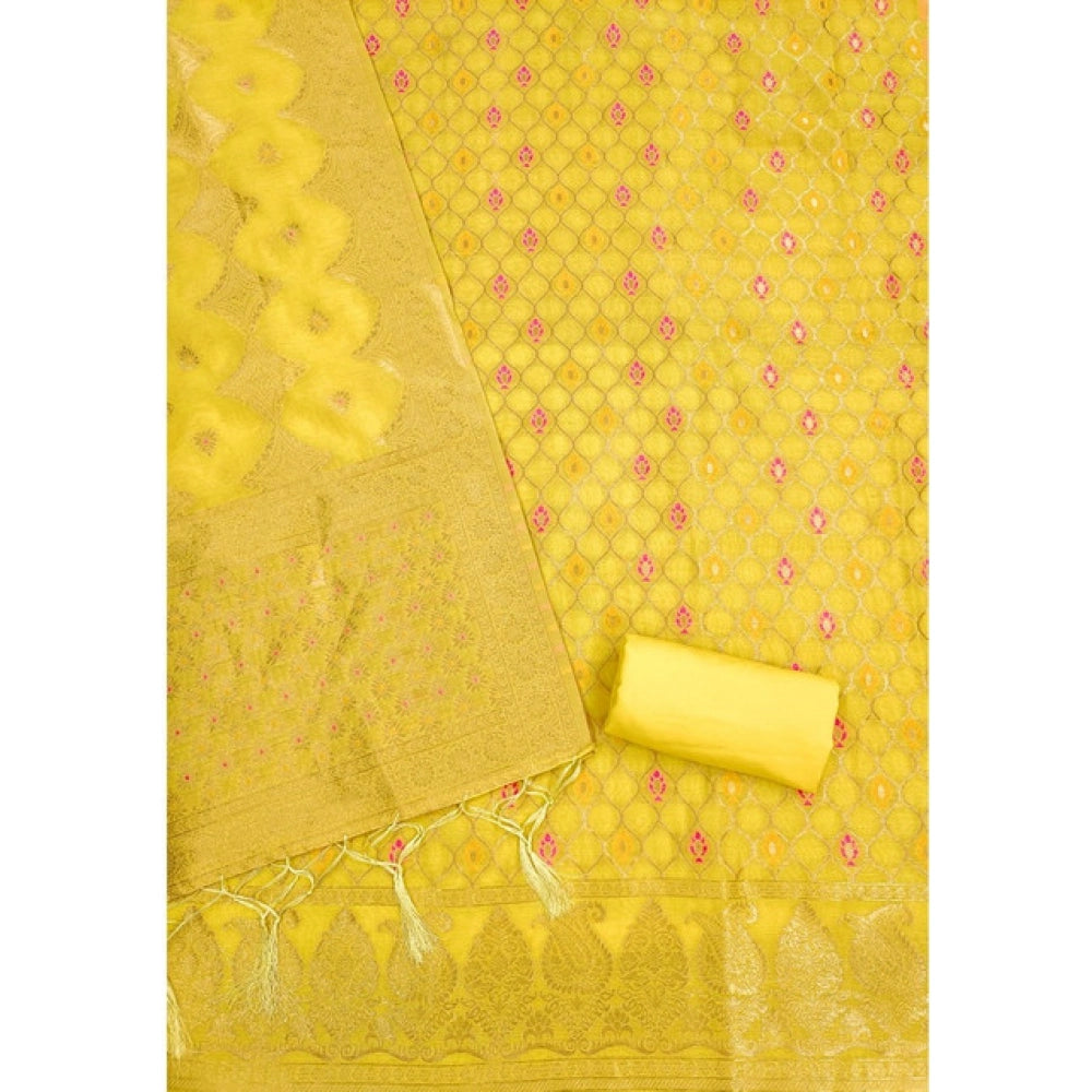 Vaystra Banarasi Silk Printed Unstitched Salwar Suit Material With Dupatta – Yellow