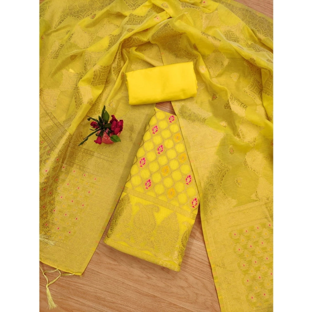 Vaystra Banarasi Silk Printed Unstitched Salwar Suit Material With Dupatta – Yellow