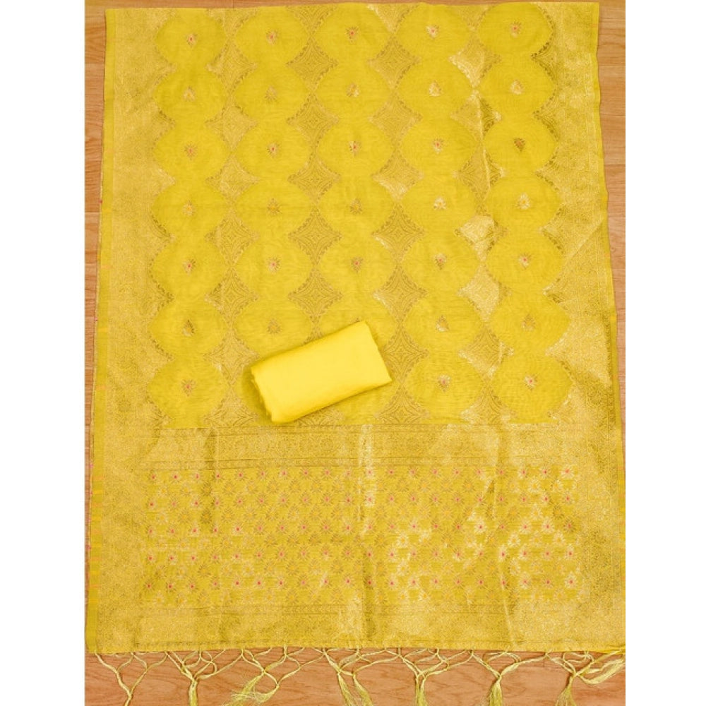 Vaystra Banarasi Silk Printed Unstitched Salwar Suit Material With Dupatta – Yellow
