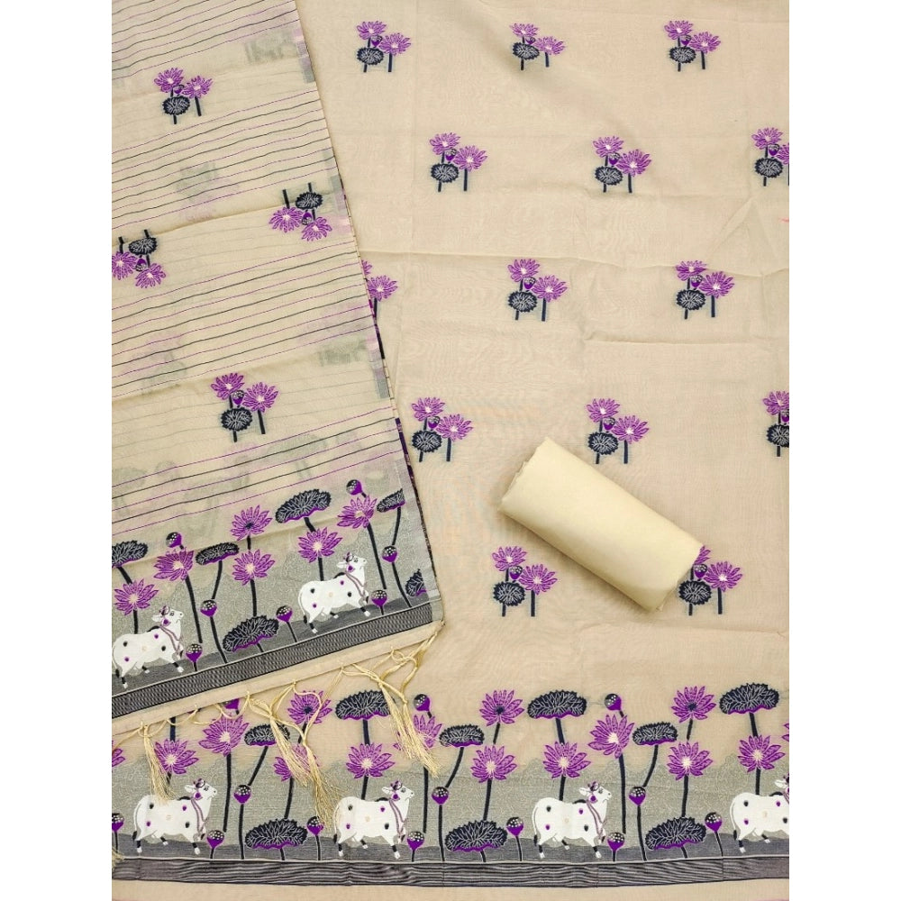 Vaystra Banarasi Silk Printed Unstitched Salwar Suit Material With Dupatta – Cream