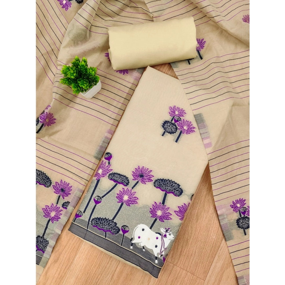 Vaystra Banarasi Silk Printed Unstitched Salwar Suit Material With Dupatta – Cream