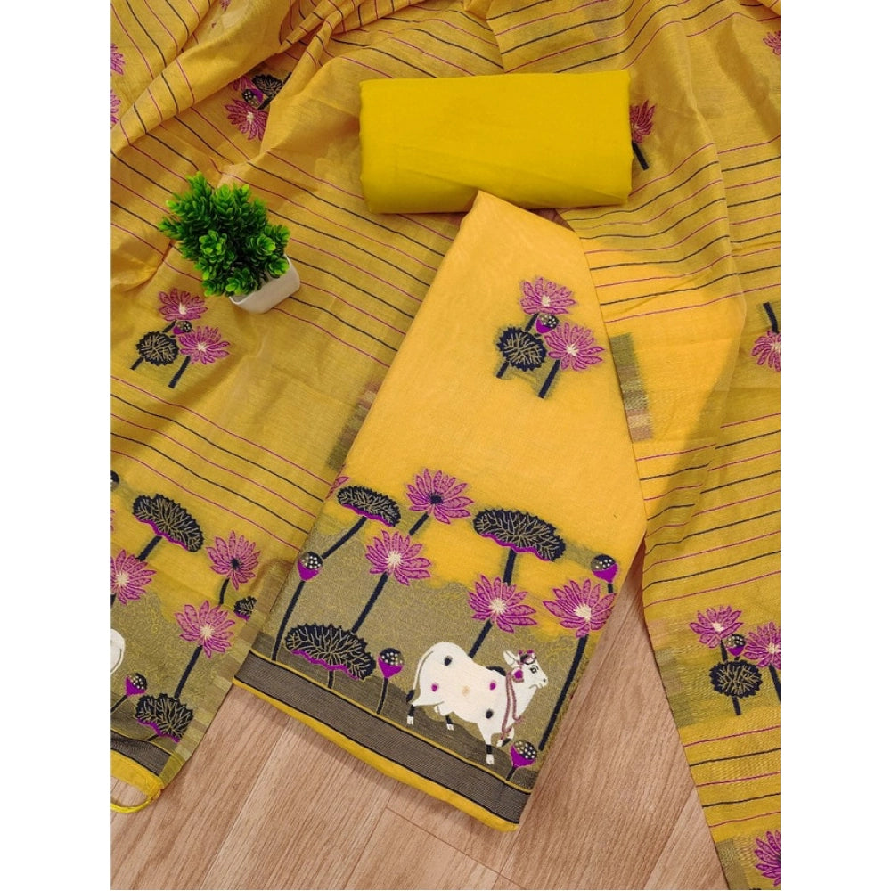 Vaystra Banarasi Silk Printed Unstitched Salwar Suit Material With Dupatta – Yellow