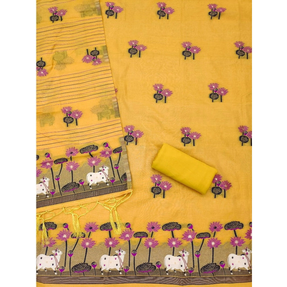 Vaystra Banarasi Silk Printed Unstitched Salwar Suit Material With Dupatta – Yellow