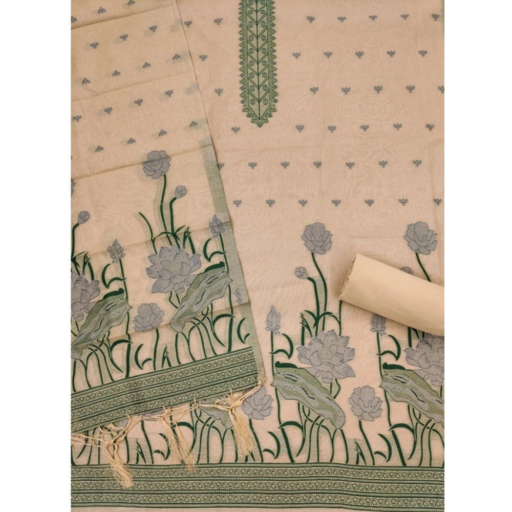 Vaystra Banarasi Silk Printed Unstitched Salwar Suit Material With Dupatta – Cream