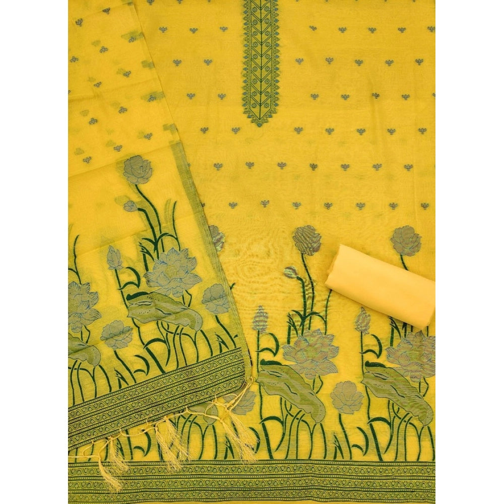 Vaystra Banarasi Silk Printed Unstitched Salwar Suit Material With Dupatta – Yellow