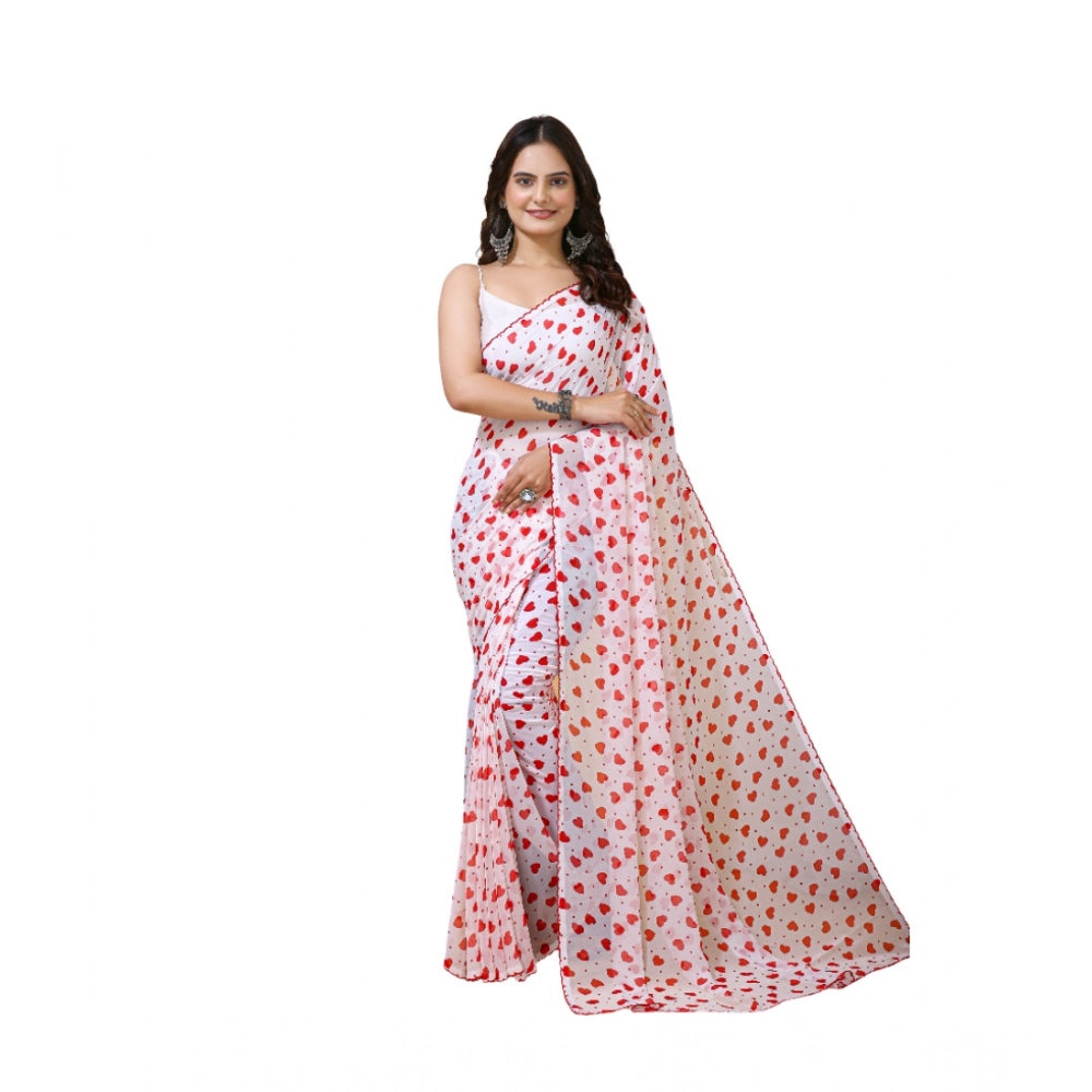 Vaystra Georgette Printed Saree With Unstitched Blouse 5.5Mtr – White-Red