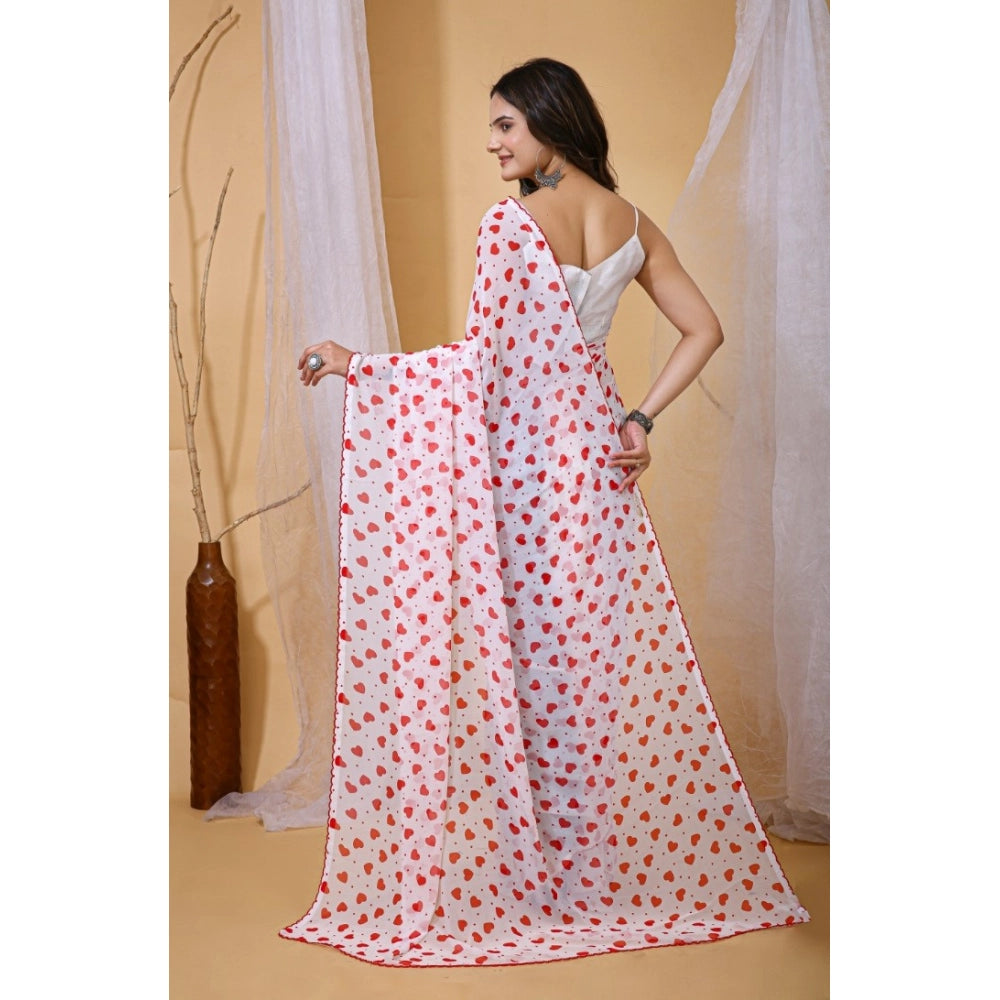 Vaystra Georgette Printed Saree With Unstitched Blouse 5.5Mtr – White-Red