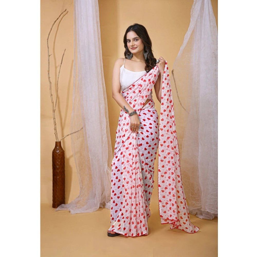 Vaystra Georgette Printed Saree With Unstitched Blouse 5.5Mtr – White-Red