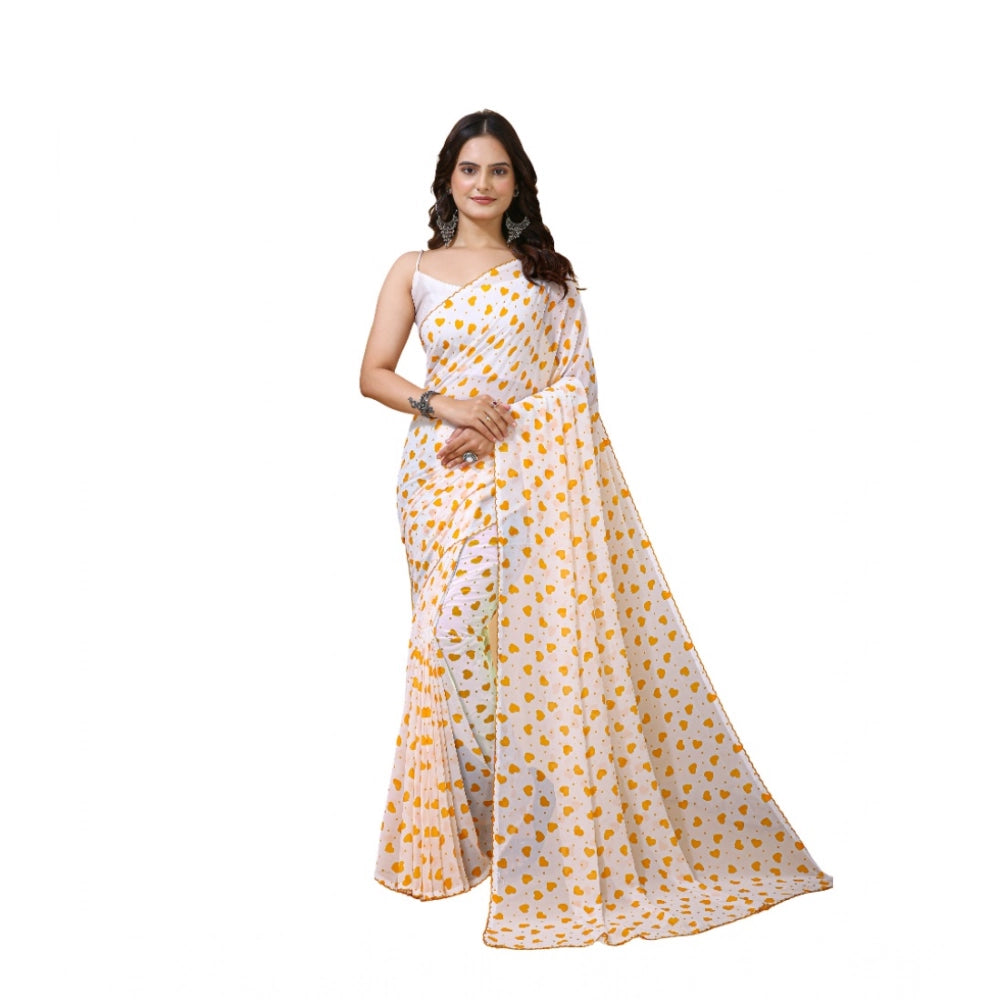 Vaystra Georgette Printed Saree With Unstitched Blouse 5.5Mtr – White-Yellow