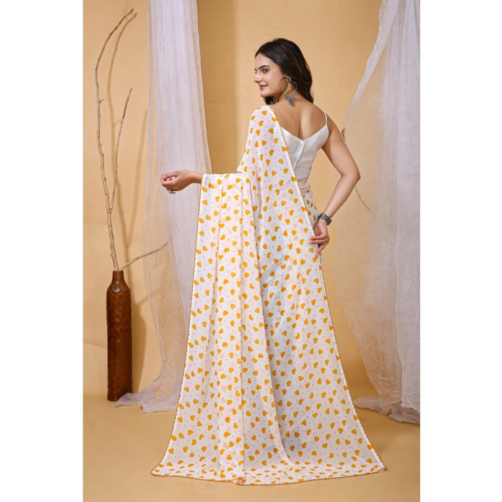 Vaystra Georgette Printed Saree With Unstitched Blouse 5.5Mtr – White-Yellow