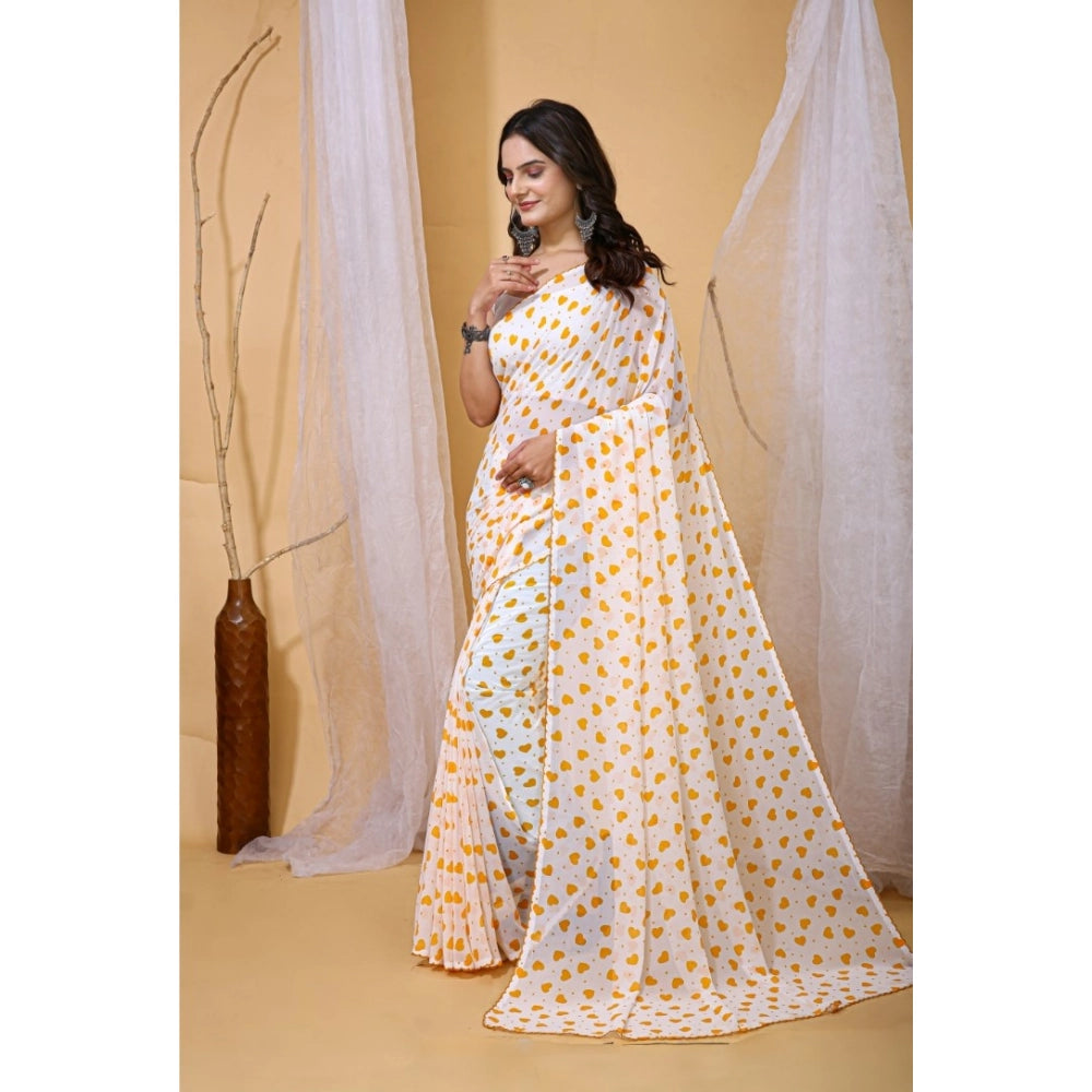 Vaystra Georgette Printed Saree With Unstitched Blouse 5.5Mtr – White-Yellow