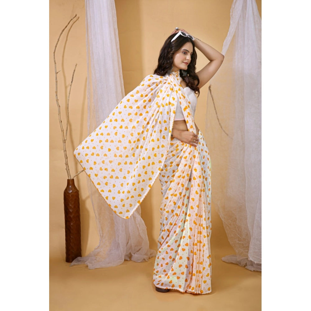Vaystra Georgette Printed Saree With Unstitched Blouse 5.5Mtr – White-Yellow