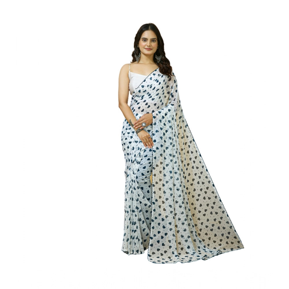 Vaystra Georgette Printed Saree With Unstitched Blouse 5.5Mtr – White
