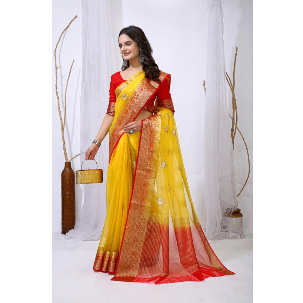 Vaystra Organza jacquard Embellished Saree With Unstitched Blouse 5.5Mtr – Yellow