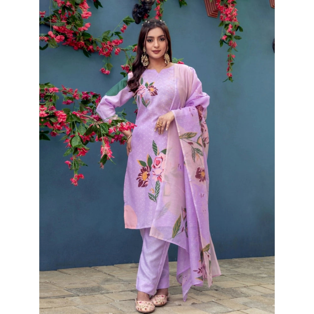 Vaystra Cotton Blend Printed Kurti With Pant Dupatta Set – Lavender