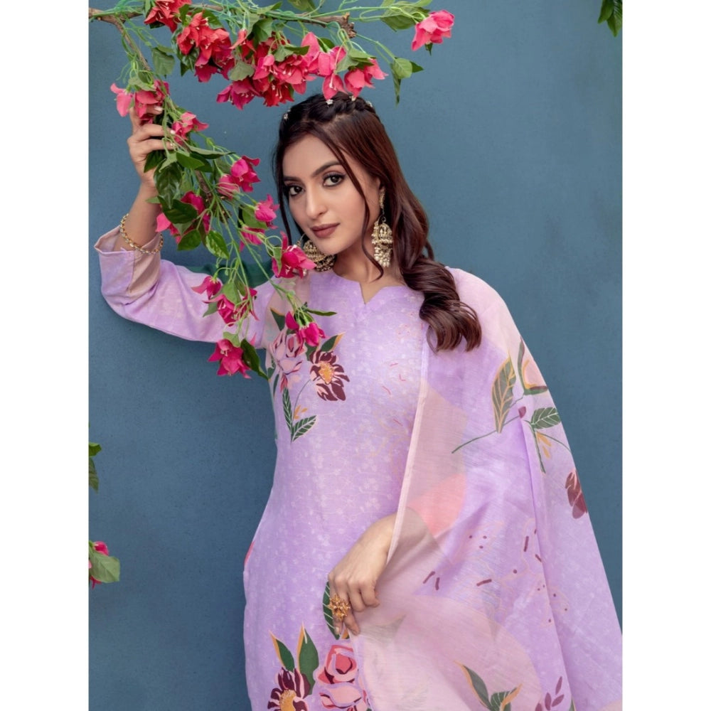 Vaystra Cotton Blend Printed Kurti With Pant Dupatta Set – Lavender