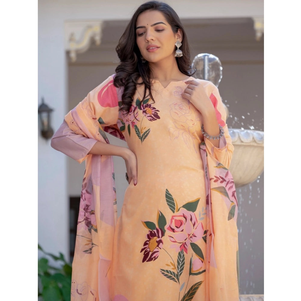 Vaystra Cotton Blend Printed Kurti With Pant Dupatta Set – Orange