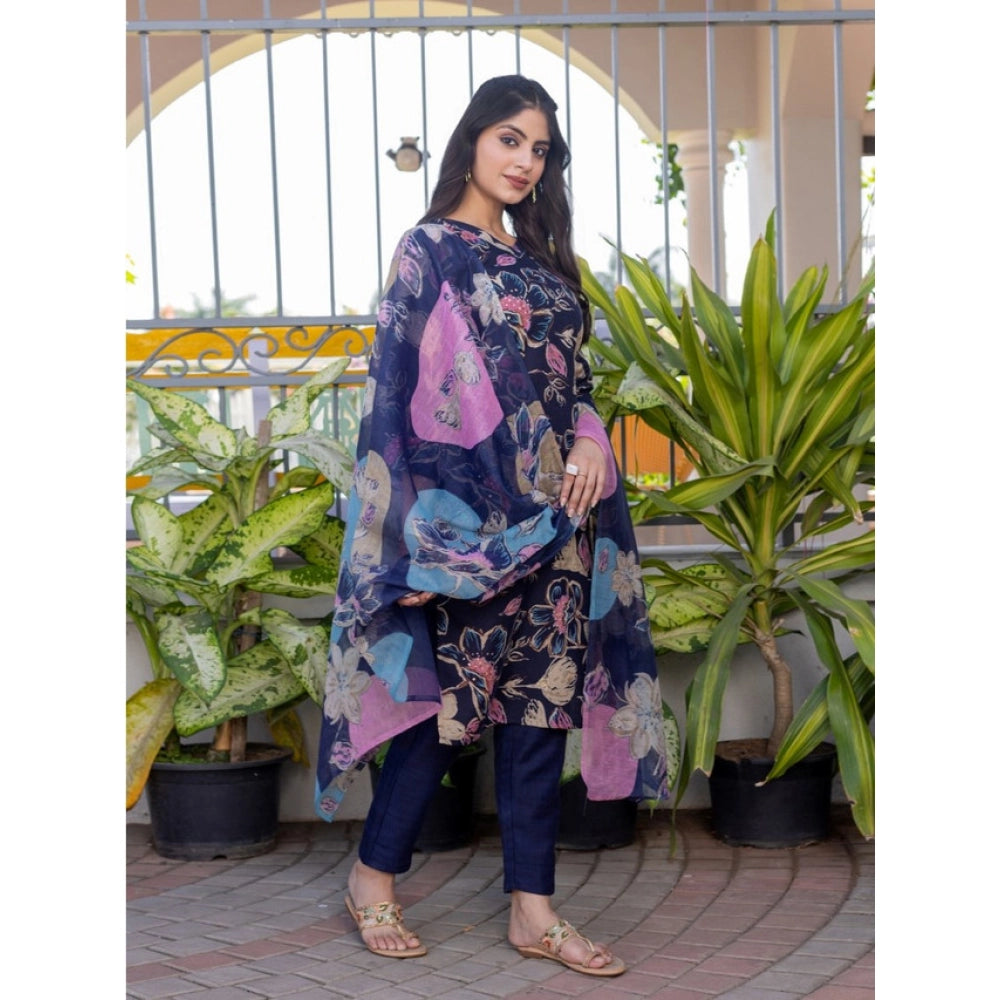 Vaystra Cotton Blend Printed Kurti With Pant Dupatta Set – Navy