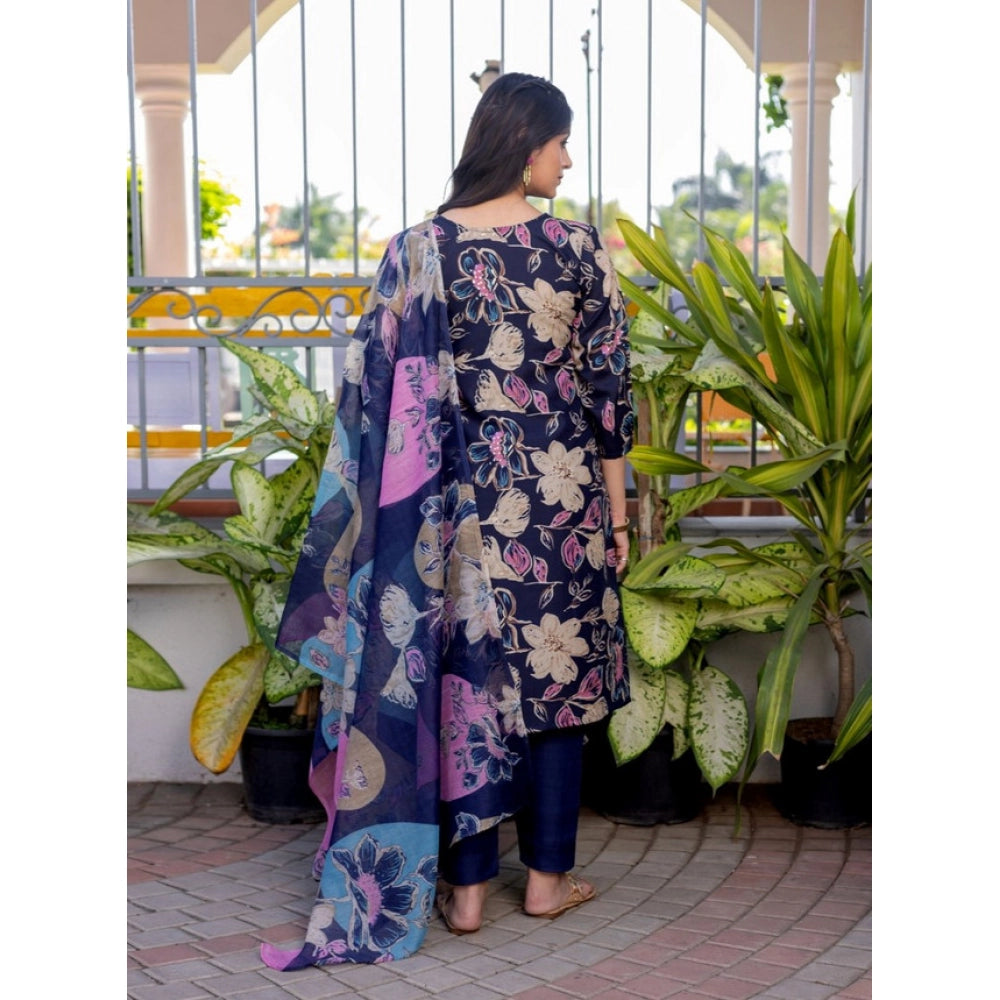 Vaystra Cotton Blend Printed Kurti With Pant Dupatta Set – Navy