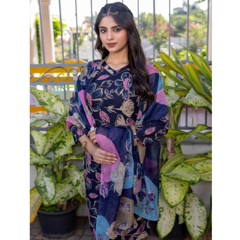 Vaystra Cotton Blend Printed Kurti With Pant Dupatta Set – Navy