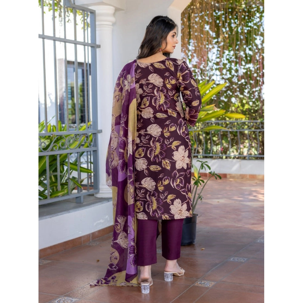 Vaystra Cotton Blend Printed Kurti With Pant Dupatta Set – Purple